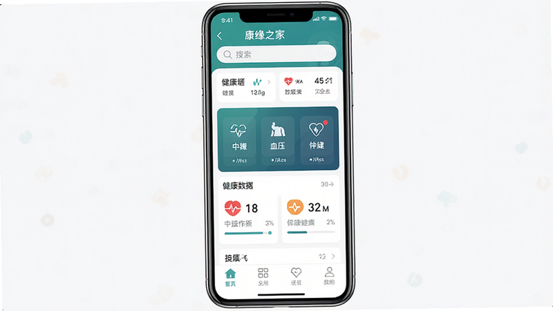 一张高清手机应用界面展示图,主体为康缘之家APP首页,布局包含顶部搜索栏、中部健康数据仪表盘、底部功能导航栏,排版整洁有序,风格清新简约,细节展示心率、血压等健康指标图标,画面干净无多余元素,4K分辨率