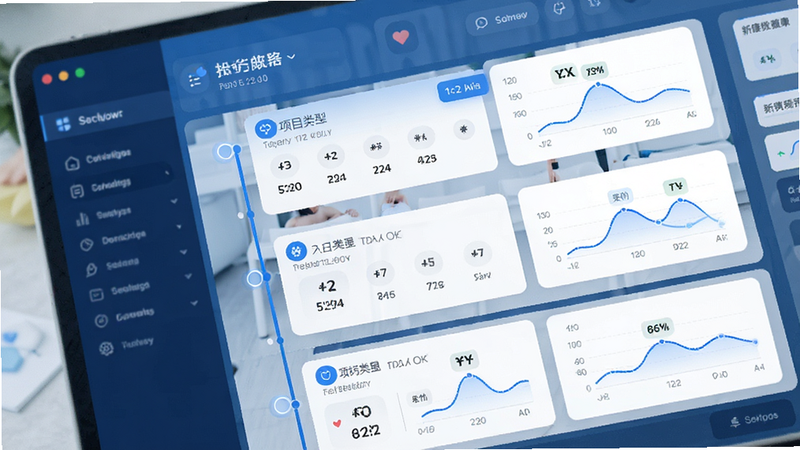 一张展示健康档案管理界面的UI设计图,主体为时间轴形式的健康记录列表,布局清晰,排版采用卡片式设计,风格现代科技蓝,细节包含日期、项目类型、数值变化曲线,画质清晰,无杂乱背景
