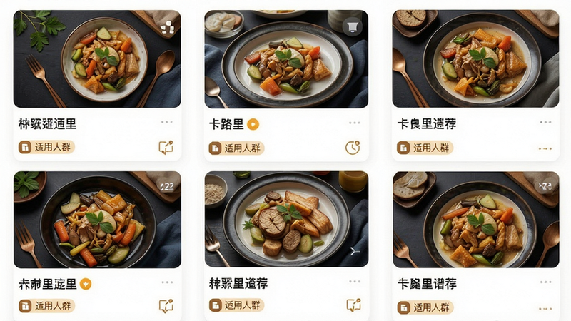 一张展示养生食谱推荐页面的移动端UI界面,主体为精美的食物图片网格,布局为双列瀑布流,排版美观,风格温馨自然,细节包含食材名称、卡路里标识、适用人群标签,高清摄影质感,干净无水印