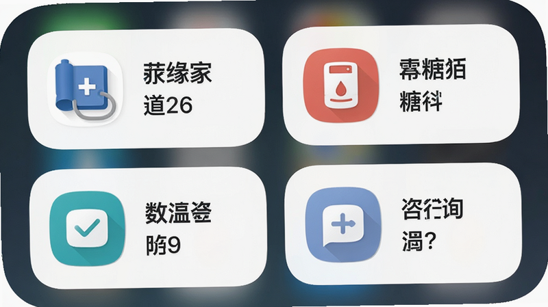 一张手机桌面小组件展示图,主体为康缘之家APP的快速访问组件,布局为2x2网格,排版紧凑,风格简约现代,细节包含血压、血糖、咨询等图标,高清渲染,干净无背景干扰