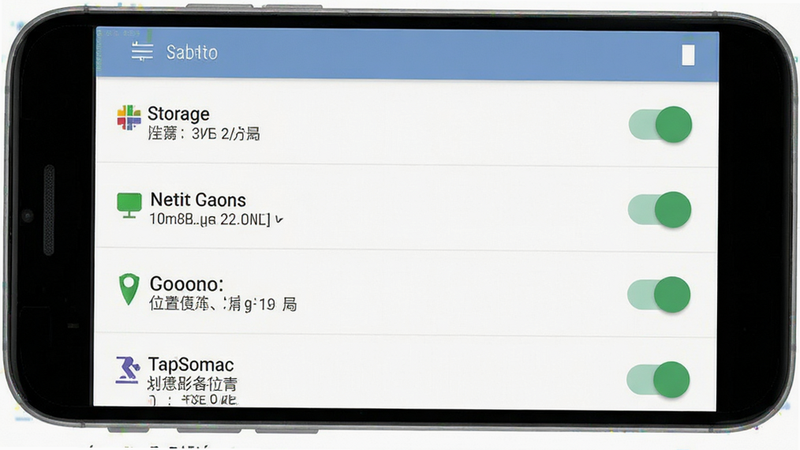 一张手机端设置权限界面的示意图,主体为安卓系统应用权限管理页面,布局为列表形式,排版整齐,风格扁平化,细节包含存储、通知、位置等权限开关状态,高清截图质感,干净无干扰元素