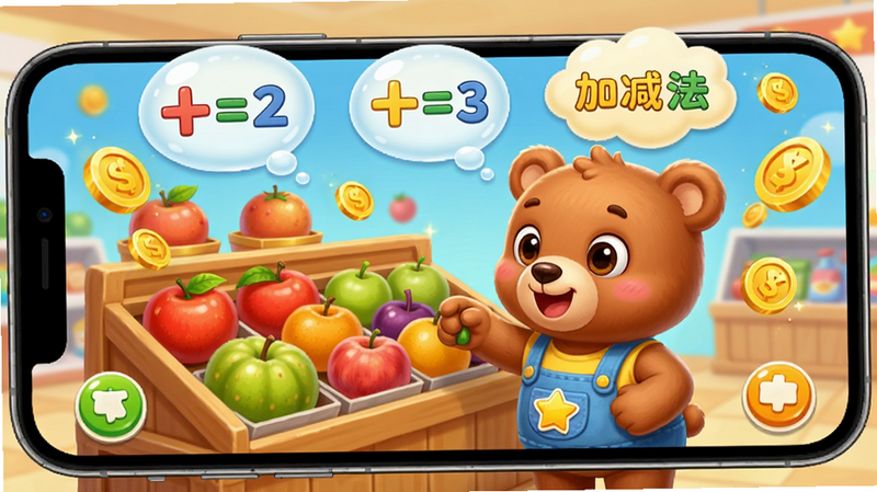 手机屏幕展示“幼儿园学数学加减法”中的购物场景,一个卡通小熊正在货架前挑选水果,界面上方悬浮着加法算式气泡,周围有金币飞舞的特效,色彩鲜艳,卡通风格,细节丰富,高清渲染