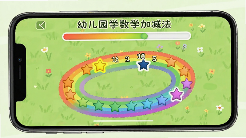 手机屏幕展示“幼儿园学数学加减法”的进度条界面,一条蜿蜒的彩虹路径上分布着不同颜色的星星,代表难度等级,当前高亮显示第10级,背景为浅绿色草地,风格清新,布局规整,无杂乱元素,高清晰度
