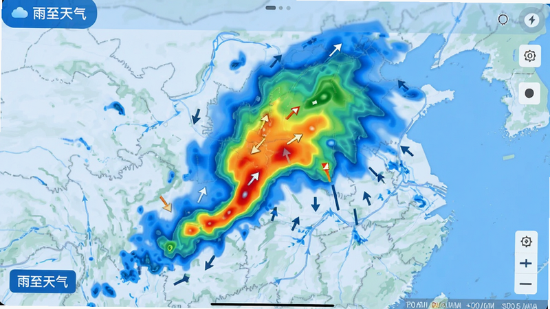 主体为雨至天气APP内的降雨雷达地图界面,布局为全屏地图视图,叠加动态雨团热力图,排版简洁,风格为科技蓝色调,细节展示雨团移动箭头与时间刻度,画质细腻,无杂乱线条,文字“雨至天气”在角落显示