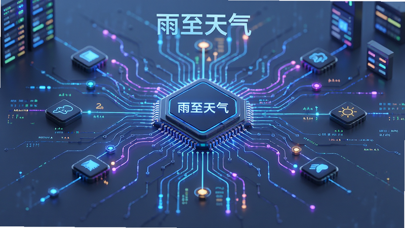 主体为雨至天气APP的数据后台示意图,布局为抽象的数据流线条汇聚于中心芯片,排版对称,风格为赛博朋克科技风,细节展示数据节点闪烁,画质超清,干净背景,文字“雨至天气”作为标识