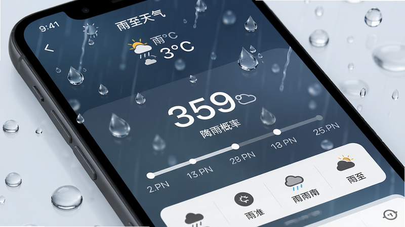 主体为手机屏幕特写,显示雨至天气APP界面,布局清晰,顶部为城市名称与当前气温,中部为大字号降雨概率与时间轴,底部为简洁图标,风格为极简科技风,细节展现雨滴特效,画质高清,干净无多余元素,文字“雨至天气”清晰可见