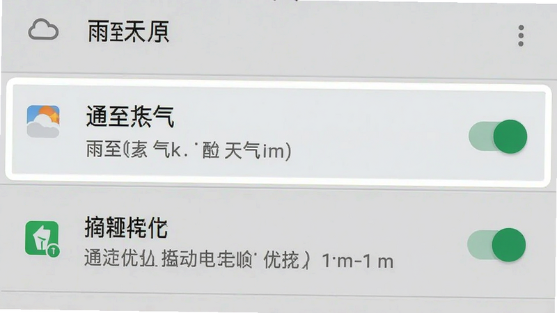 主体为手机设置界面截图,高亮显示雨至天气的通知权限与电池优化选项,布局为标准安卓设置列表,排版整齐,风格为扁平化设计,细节展示开关状态,画质清晰,干净背景,文字“雨至天气”可见