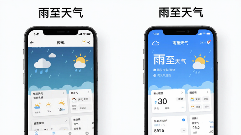 主体为雨至天气APP首页对比图,左侧为传统天气软件杂乱界面,右侧为雨至天气简洁界面,布局对比鲜明,风格为现代扁平风,细节突出右侧界面的清爽与核心数据的大字号展示,画质高清,干净背景,文字“雨至天气”醒目
