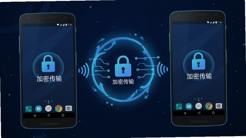 微聊天记录备份迁移数据传输示意图,主体为两部安卓手机通过无线信号连接,中间有数据流光环,布局左右对称,排版现代扁平化,风格深空蓝科技感,细节显示“加密传输”图标,画质清晰,干净,无多余元素