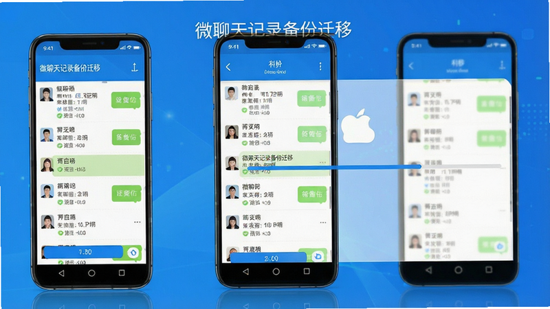 微聊天记录备份迁移安卓应用主界面全景图,主体为手机屏幕显示聊天列表迁移进度条,布局清晰,排版整洁,风格简约科技蓝,细节包含“微聊天记录备份迁移”文字标识,画质高清,干净,无多余元素
