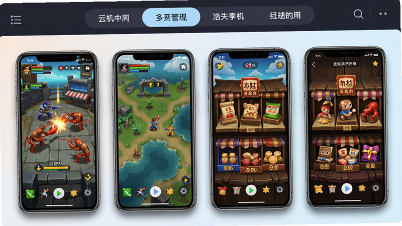 主体为龙虾云手机的多开管理界面,屏幕上并排显示着四个独立的手机窗口,每个窗口运行不同的游戏场景,如战斗、地图、商城等,界面顶部有清晰的标签页切换栏,风格为UI设计展示,色彩鲜明,布局整齐,细节展示窗口边框与阴影效果,画质高清,干净