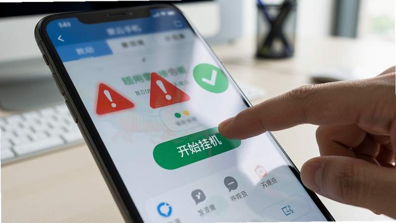 主体为龙虾云手机的操作界面,手指正在点击屏幕上的“开始挂机”按钮,周围有红色的警告标志和绿色的成功标志对比展示,背景为简洁的办公室桌面,风格为写实场景摄影,光线柔和,细节展示屏幕反光与手指触感,画质清晰,干净