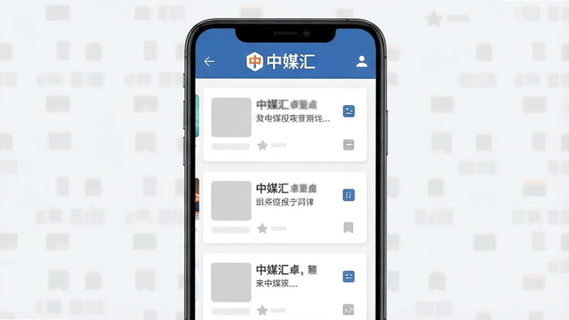 中媒汇安卓应用界面展示图,主体为手机屏幕,布局清晰,顶部导航栏显示“中媒汇”Logo,中间为新闻列表卡片,排版整齐,风格简约现代,细节包含清晰的文字占位符和图标,画质高清,干净,无多余元素,扁平化设计,文字“中媒汇”清晰可见