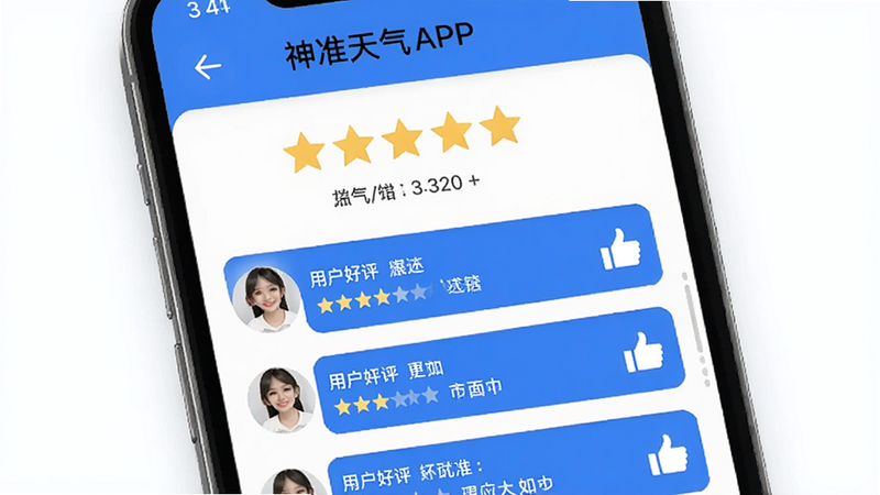 主体为神准天气APP的评分界面,布局为五星评分与用户评论列表,风格为简洁现代,色彩以白色为底,蓝色为主色调,细节处有拇指点赞图标,画质清晰,干净无多余元素,文字标注“用户好评”