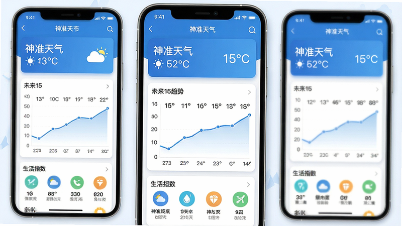 主体为神准天气APP的主界面截图,布局采用卡片式垂直排列,顶部显示当前城市与温度,中部展示未来15天趋势折线图,底部为生活指数图标,风格为扁平化现代UI,色彩清新以蓝白为主,细节处有细腻的阴影效果,画质高清,干净无多余元素,文字标注“神准天气”