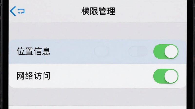 主体为手机屏幕截图,显示神准天气APP的权限设置界面,布局为列表形式,高亮显示“位置信息”与“网络访问”权限开关,风格为系统原生设置界面,色彩为灰白色调,细节处有勾选标记,画质清晰,干净无多余元素,文字标注“权限管理”