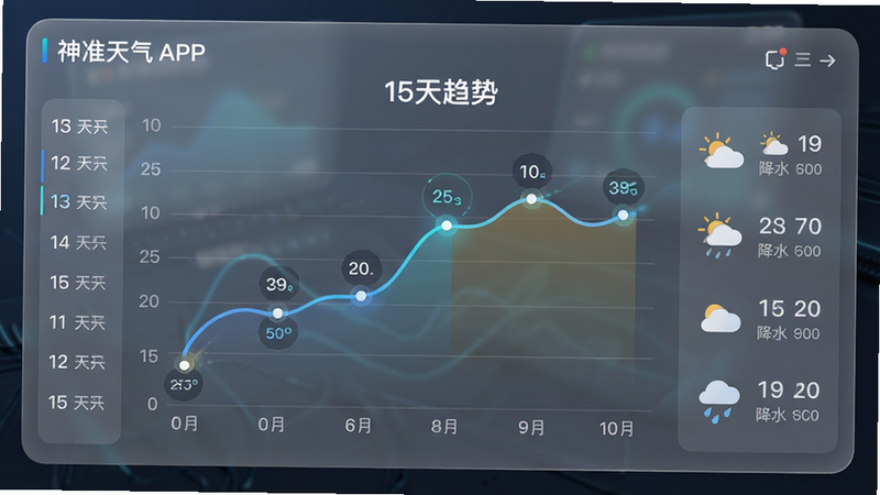 主体为神准天气APP的天气预报图表界面,布局为全屏展示,中央是一个动态折线图显示15天温度变化,左侧为日期列表,右侧为天气图标与降水概率,风格为科技感与简约风结合,背景为半透明磨砂玻璃效果,细节处有数据点高亮动画,画质清晰,干净无多余元素,文字标注“15天趋势”