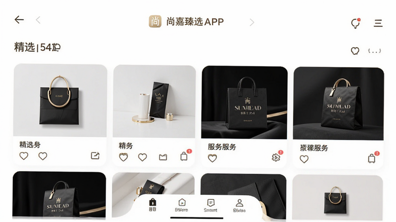 ����Ϊ�м���ѡAPP��ҳ�����ͼ�������������࣬������������ʾӦ��Logo���в�չʾ��ѡ��Ʒ�����Ƭ���ײ�Ϊ�������ͼ�꣬���Ϊ�ִ���Լ��ƽ����ƣ�ϸ�ڴ����ָ߶��ʸУ����ʸ��壬�޶���Ԫ�أ��������׸ɾ�