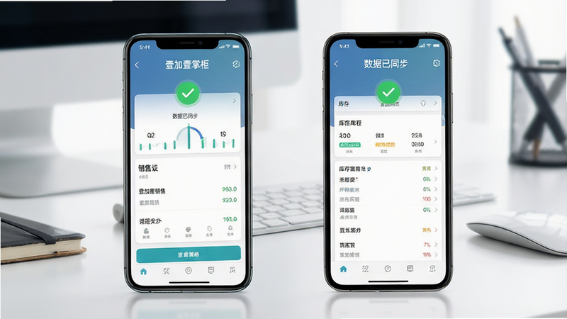 两部智能手机并排展示,左侧手机显示“壹加壹掌柜”销售界面,右侧手机显示同款软件的库存界面,屏幕上方均有“数据已同步”的绿色对勾标识。背景为办公桌面,光线明亮,风格现代简洁,细节精致,体现多端协作的便利性。高清画质,构图平衡,无多余元素