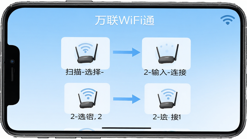 �ֻ�������ʾ'����WiFiͨ'APP�Ļ�ӭ����ҳ���Ĳ�����ͼ�⣬'ɨ��-ѡ��-����-����'��������������ͷָʾ���򣬱���Ϊǳ��ɫ���䣬���������ǿ��ϸ�����������ʸ��壬�ɾ����޶���Ԫ��