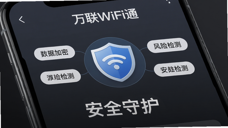 �ֻ�����չʾ'����WiFiͨ'�İ�ȫ����ҳ�棬����ͼ����У���Χ����'���ݼ���'��'���ռ��'�ȱ�ǩ������Ϊ���ɫ��ͻ����ȫ�У�����'��ȫ�ػ�'���������ֽ��գ��������רҵ��ϸ��ϸ�壬���ʸ��壬�ɾ����޶���Ԫ��