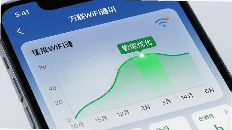 �ֻ�������д����ʾ'����WiFiͨ'APP�ڵ��ź��Ż�ģ�飬ͼ����ʽչʾ�ź�ǿ�ȱ仯���ߣ���ɫ������ʾ�������״̬��������͸��ĥɰ����Ч�����Ƽ���ʮ�㣬����'�����Ż�'�����ɼ������ֶԳƣ���񼫼�ϸ�ڷḻ�����ʸ��壬�ɾ����޶���Ԫ��