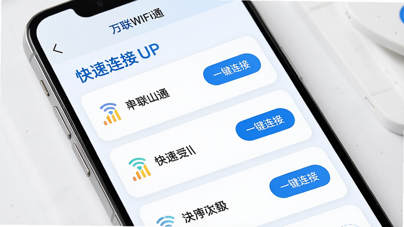 �ֻ���Ļ��ʾ'����WiFiͨ'APP���ȵ��б�ҳ�棬���WiFi�����Կ�Ƭ��ʽ���У�ÿ����Ƭ������ź�ǿ��ͼ�꣬�Ҳ���'һ������'��ť������ɫ����ͣ���ɫ��Ϊ��ɫ����ɫ������'��������'��Ŀ���Ű�����������ִ���ϸ�ھ��£�����4k���ɾ����޶���Ԫ��