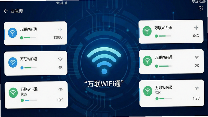 һ�Ÿ����ֻ�Ӧ�ý�ͼ��������ʾ'����WiFiͨ'��׿APP�������棬����Ϊ����ɫ�Ƽ��磬������һ�������WiFi�ź�ͼ�꣬��Χ�����ż�������״̬�б�����������ִ���ƽ���������������������룬����Լ������ϸ�ھ��£�����4k���ɾ����޶���Ԫ�أ�ͼƬ������'����WiFiͨ'������