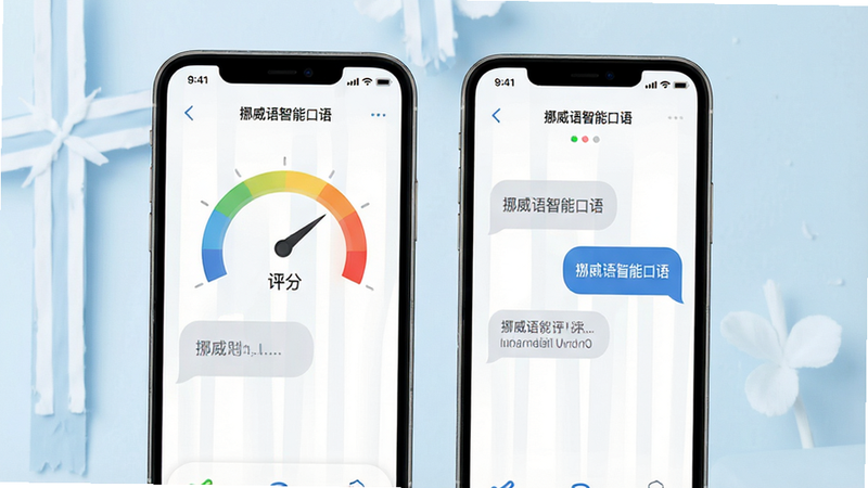 一张展示挪威语智能口语APP整体界面的概念图,主体为手机屏幕,显示着简洁的UI设计,包含发音评分仪表盘和对话气泡,背景为柔和的北欧风格淡蓝色调,布局清晰,排版整齐,风格现代简约,细节丰富,画质高清,干净,无多余元素,文字标注