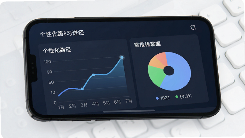 手机屏幕展示学习进度图表,包含折线图和饼图,显示不同模块的掌握程度,界面设计简洁现代,主体为数据可视化面板,布局平衡,排版有序,风格专业严谨,细节精准,画质清晰,干净,无多余元素,文字标注