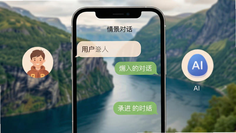 手机屏幕显示对话界面,左侧是用户头像,右侧是AI助手头像,中间是聊天气泡,背景隐约可见挪威峡湾风景,主体为对话流,布局自然,排版舒适,风格温馨亲切,细节柔和,画质高清,干净,无多余元素,文字标注