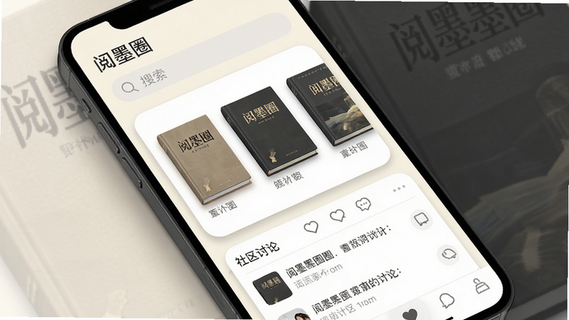 ����Ϊһ����Ϊ����īȦ�����ֻ�APP���棬���ֲ��ü��Ŀ�Ƭʽ��ƣ�������ʾ���������м�չʾ������װ�鼮���棬�ײ�Ϊ���������б���������¼�Լ��ɫ�����װ׺����Ϊ����ϸ�ڴ�����͵���ӰЧ�������ʸ��壬�ɾ����޶���Ԫ�أ����֡���īȦ�������ɼ�