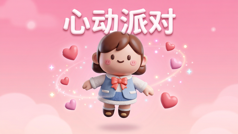 主体为“心动派对”游戏主界面,布局采用居中对称式,背景为梦幻粉色渐变,中心悬浮着圆润可爱的3D卡通角色模型,周围环绕着漂浮的爱心与光效粒子,排版简洁大气,风格为清新治愈系二次元,细节处展现角色精致的表情与服装质感,画质4K高清,干净无多余元素,画面中文字“心动派对”以柔和的白色立体字呈现