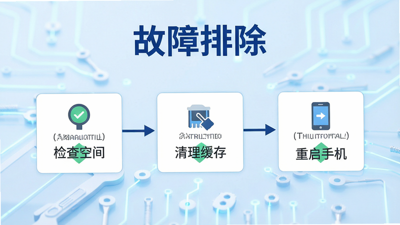 主体为手机故障排查界面,布局为流程图形式,展示“检查空间”、“清理缓存”、“重启手机”三个步骤,背景为浅蓝色科技感,风格扁平化,细节显示勾选标记,画质高清,干净无多余装饰,文字“故障排除”以深蓝色显示