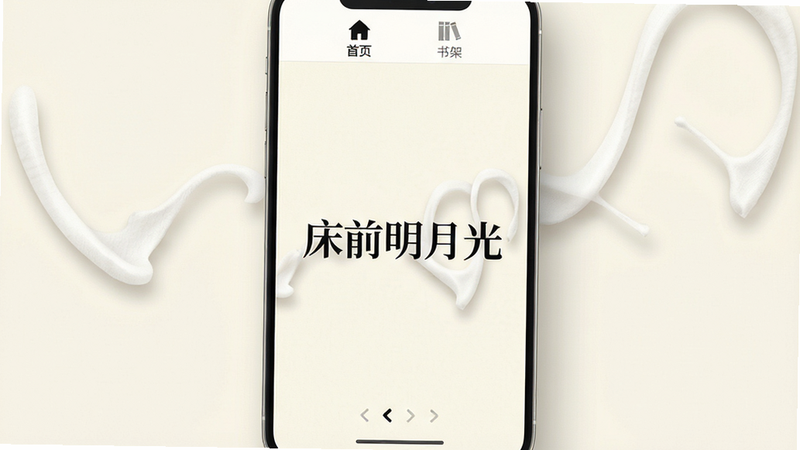 ����Ϊ΢��ʫ�� App ����ȫ��չʾ�����ֲ��ü��������񣬱���Ϊ�����װ�ɫ��������ʾһ�к�ɫ����������ʫ�䡰��ǰ���¹⡱���Ϸ��м��ĵ�������������ҳ������ܡ�ͼ�꣬�·��з�ҳָʾ�����Ű��������£�����������£�ϸ�ڴ��ɼ������Ӱ��ϸ�����������ʸ��壬�ɾ����޶���Ԫ��