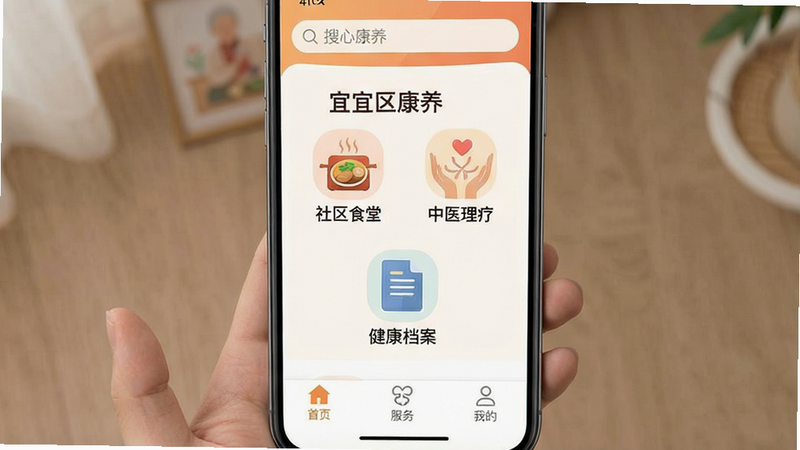 һ�Ÿ����ֻ���Ļ��ͼ�����������Ŀ���APP��ҳ���棬�������������������������м�չʾ������ʳ�á�������ҽ���ơ���������������������ͼ�꣬�ײ���������������ҳ���������񡯡����ҵġ������Ϊ��Լ��ƽ����ɫ����ů��ͣ�ϸ�ڷḻ������4k���ɾ��޶���Ԫ�أ����֡����Ŀ����������ɼ�