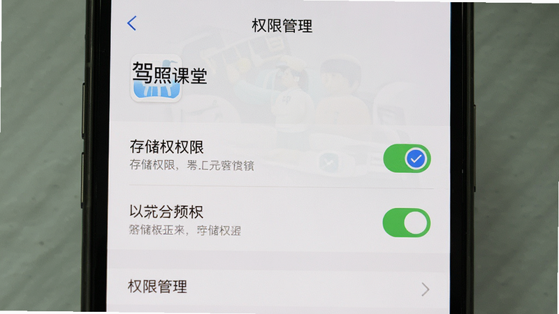 主体为手机设置界面截图,显示“驾照课堂”应用权限管理页面,布局清晰,勾选状态明确,风格系统原生,细节显示存储权限已开启,高清画质,干净,文字“权限管理”可见