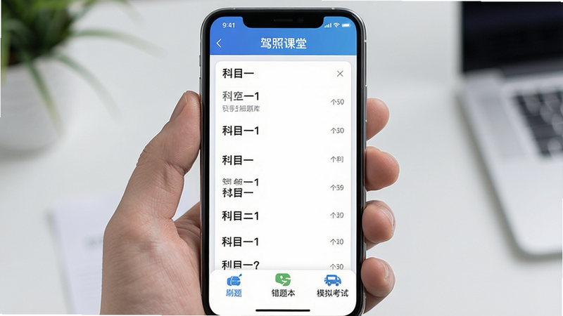 主体为手机屏幕显示“驾照课堂”应用界面,布局清晰,顶部显示应用名称,中部展示科目一题库列表,底部有刷题、错题本、模拟考试三个标签,风格现代简约,细节丰富,高清画质,干净无多余元素,文字“驾照课堂”清晰可见