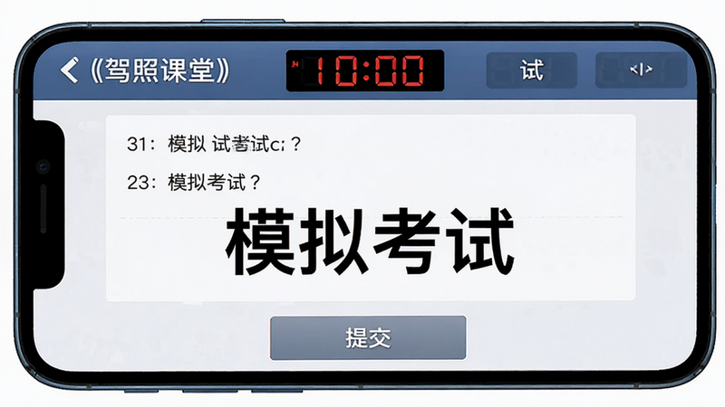 主体为手机屏幕展示“驾照课堂”模拟考试界面,布局类似考场答卷,顶部有倒计时,中部为题目区域,底部为提交按钮,风格严肃专业,细节显示倒计时数字和题目序号,高清画质,干净,文字“模拟考试”突出
