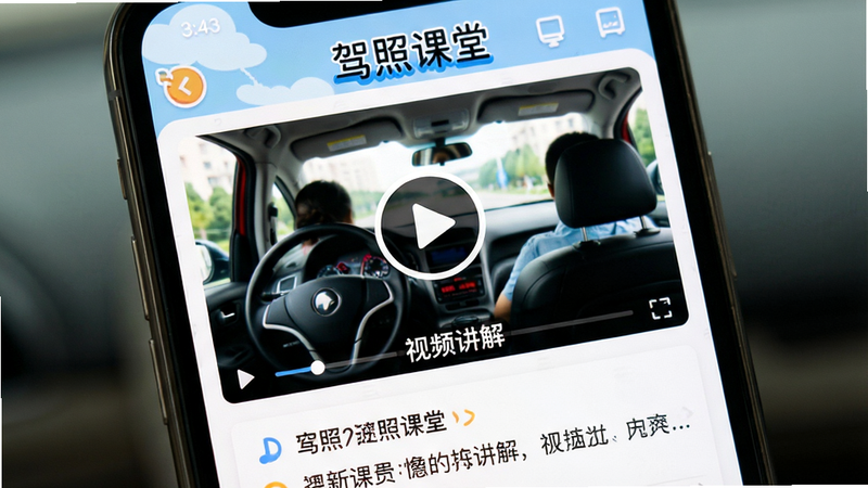 主体为手机屏幕播放“驾照课堂”视频讲解页面,布局包含视频播放器和下方要点总结,风格生动活泼,细节显示播放按钮和字幕条,高清画质,无水印,文字“视频讲解”清晰