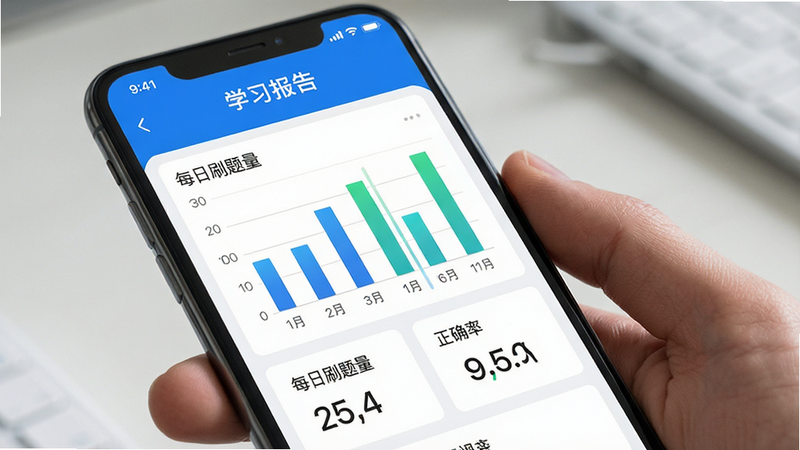 主体为手机屏幕显示“驾照课堂”学习报告页面,布局包含柱状图和统计数字,风格数据可视化,细节显示每日刷题量和正确率,高清画质,无杂项,文字“学习报告”清晰