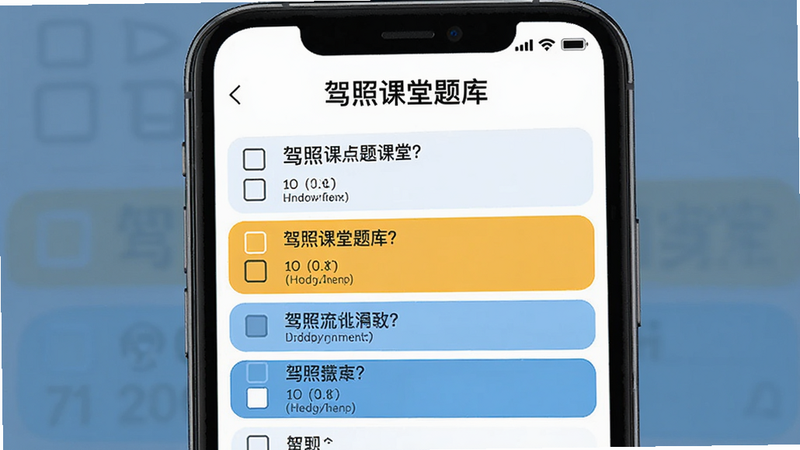 主体为手机屏幕展示“驾照课堂”题库页面,布局为列表形式,每条题目前有单选框,部分题目高亮显示,风格扁平化,细节显示题目文字和选项,高清画质,干净,文字“驾照课堂题库”居中显示
