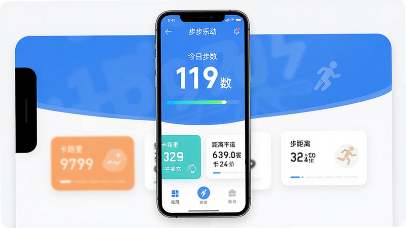 主体为“步步乐动”APP界面全屏展示,布局采用清爽的蓝白配色,中心突出显示今日步数大数字,下方排列卡路里、距离等关键数据卡片,风格为扁平化现代UI设计,细节包含动态进度条与图标化功能入口,画质高清,干净,无多余元素