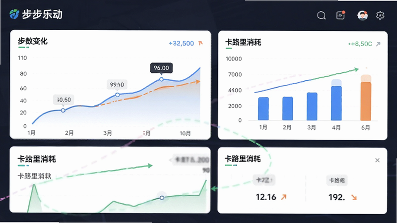 主体为“步步乐动”数据统计看板,布局采用卡片式网格,包含折线图展示步数变化、柱状图展示卡路里消耗,风格为极简商务风,细节包含数据标签与趋势箭头,画质细腻,干净,无多余元素