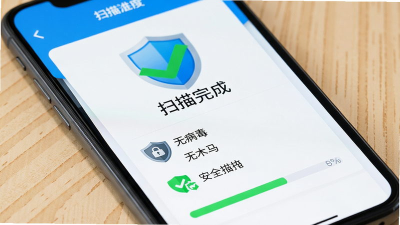 主体为手机安全扫描界面,布局显示“扫描完成”绿色对勾,下方列出“无病毒”“无木马”等安全项,风格为盾牌防护图标,细节包含扫描进度条,画质清晰,干净,无多余元素