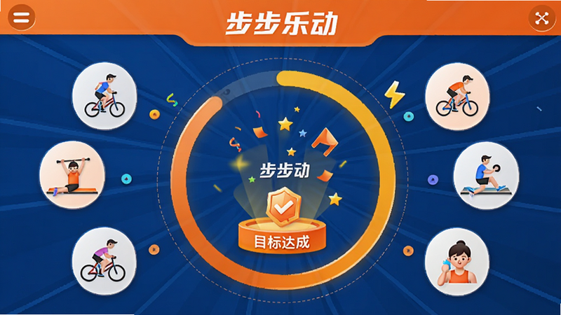 主体为“步步乐动”目标设定界面,布局中央为圆形进度环,周围环绕着不同运动场景的小图标,风格为活力橙色调,细节包含目标达成后的庆祝动画效果,画质明亮,干净,无多余元素