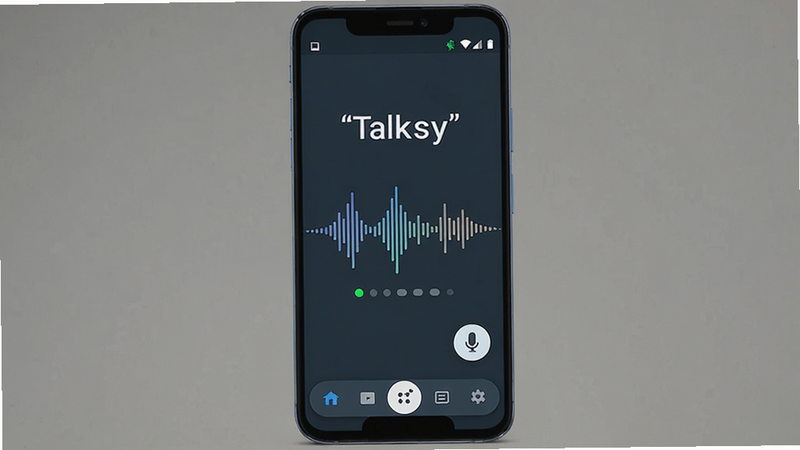一张展示 Talksy 安卓应用界面整体概览的图片,主体为手机屏幕,布局清晰,包含顶部状态栏、中间语音波形图动画、底部功能按钮栏,排版简洁现代,风格为扁平化科技风,细节处显示绿色在线状态图标和麦克风图标,文字加引号