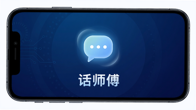 主体为手机屏幕界面,显示'话师傅'应用启动页,背景为深蓝色科技感渐变,中央有发光的对话气泡图标,布局居中对称,排版简洁现代,风格为扁平化科技风,细节包含柔和的光晕效果,画质8k高清,干净无多余元素,文字'话师傅'清晰可见