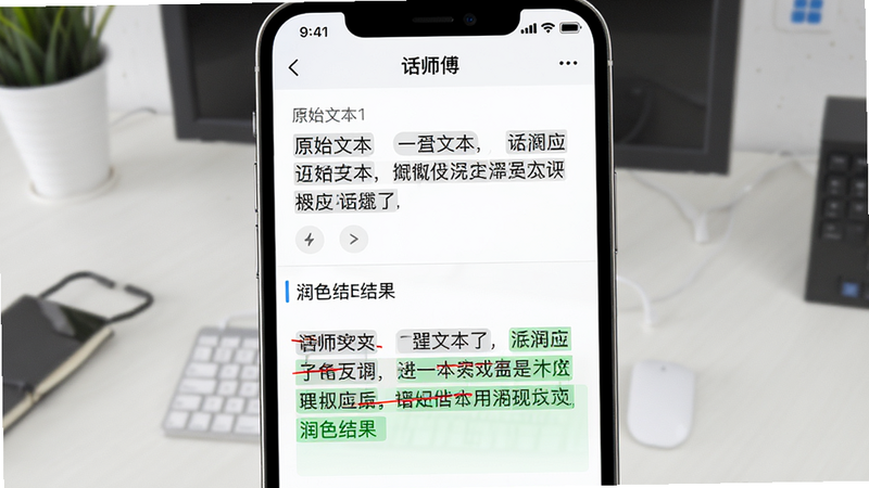 主体为手机界面,展示'话师傅'的文本润色对比视图,上方为原始文本,下方为润色后文本,用高亮色块标出修改之处,布局上下分层,排版整洁,风格为办公效率风,细节包含红色删除线和绿色新增标记,画质高清,干净无干扰元素,文字'润色结果'清晰