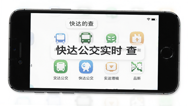 手机正面平铺图,屏幕显示“快达公交实时查”的主页,没有任何弹出广告或弹窗,界面干净清爽,图标排列整齐,背景为纯白色,突出应用的简洁性,高清产品渲染图